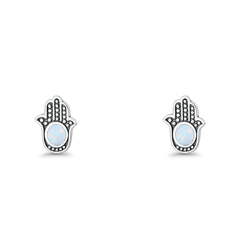 Round 9mm Lab Created White Opal Hand Of Hamsa Stud Earring 925 Sterling Silver Wholesale